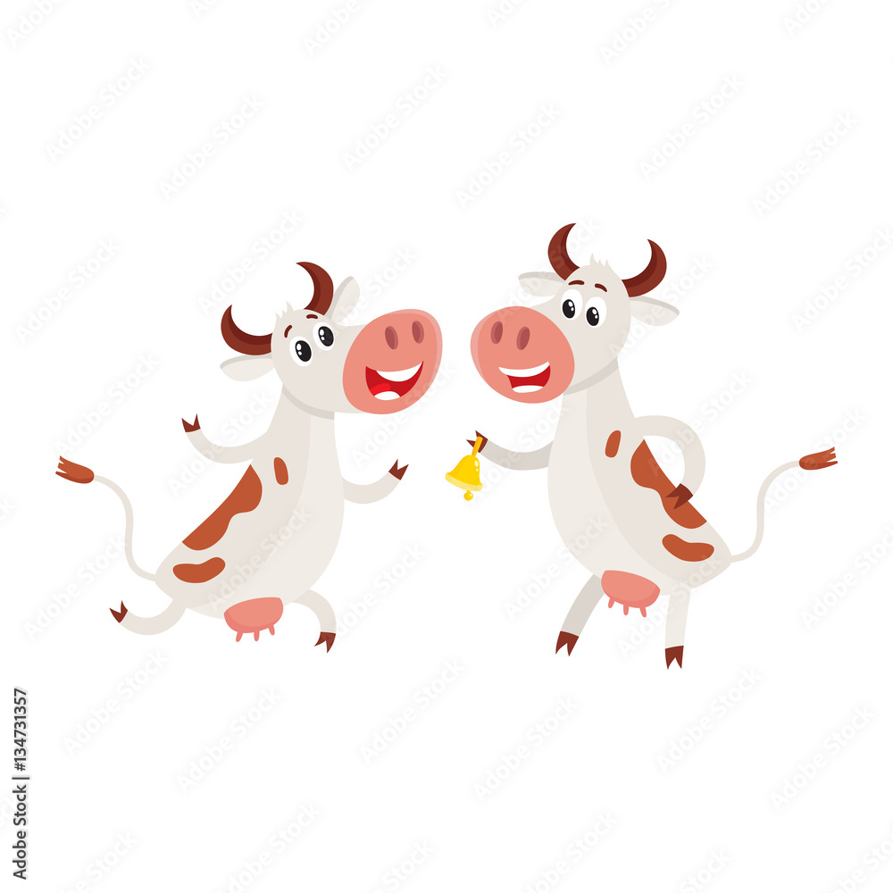 Two spotted Dutch cows, one ringing a bell, another dancing, running, cartoon vector illustration isolated on white background. Funny cow characters for dairy farm product design Two spotted Dutch cows, one ringing a bell, another dancing, running, cartoon vector illustration isolated on white background. Funny cow characters for dairy farm product design