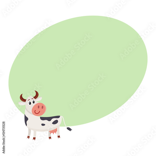 Funny black white spotted cow standing and looking back, cartoon vector illustration on background with place for text. Funny cow character with head turned back, dairy, farm concept