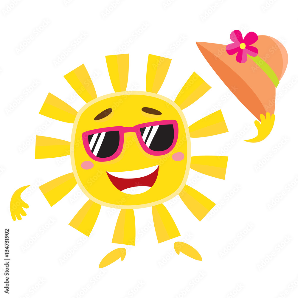 Summer sun character in sunglasses holding straw hat and smiling happily, cartoon vector illustration isolated on white background. Smiling sun funny character, mascot, symbol of summer vacation