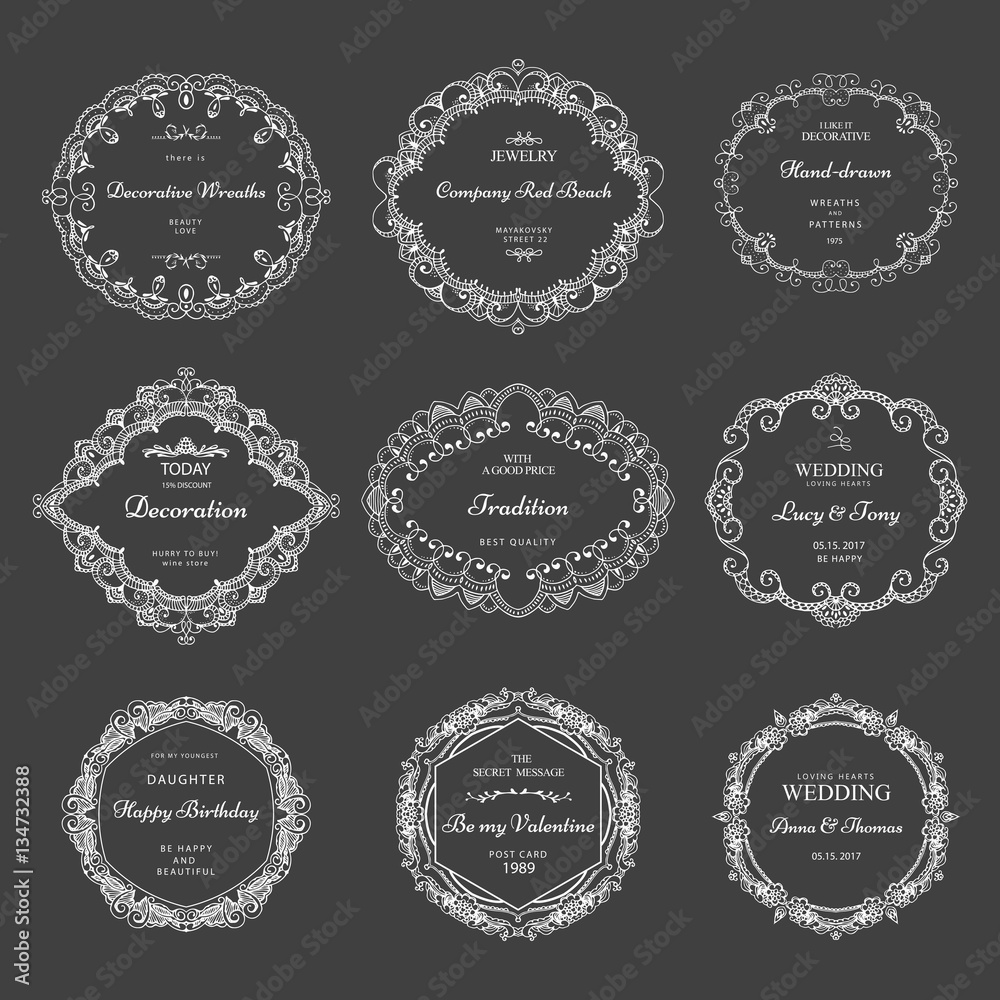 Collection of hand drawn wreaths. Cute template design elements. Vector illustration.