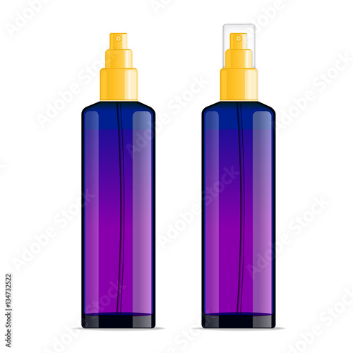 Realistic transparent cosmetic bottle sprayer container. Violet dispenser with golden cap for cream, perfume, and other cosmetics. Mockup template for design. Vector illustration set.