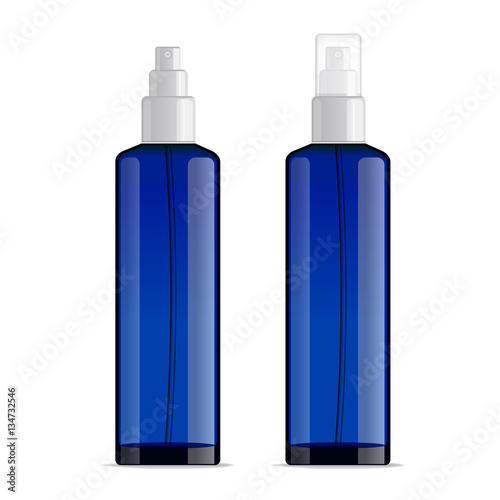 Realistic transparent cosmetic bottle sprayer container. Blue dispenser with cap for cream, perfume, and other cosmetics. Mockup template for design. Vector illustration set.