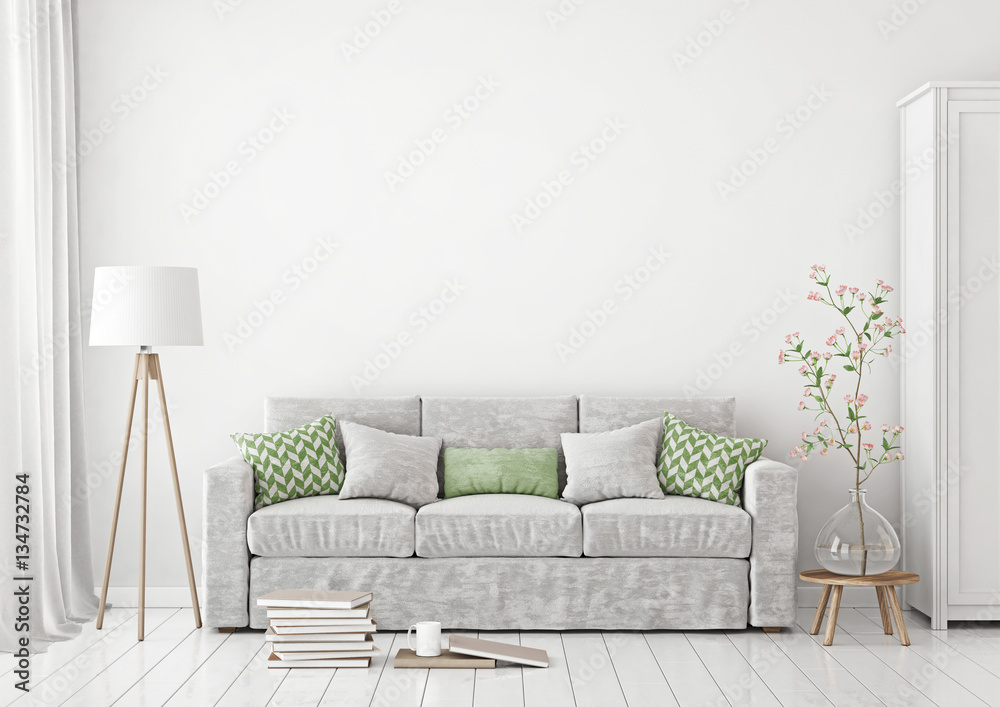 Livingroom Interior with sofa, pillows, lamp, books and vase with flowers on empty white wall background. 3D rendering. Livingroom Interior with sofa, pillows, lamp, books and vase with flowers on empty white wall background. 3D rendering.