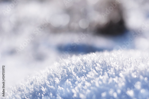 Macro detail of fallen snow with snowflakes in winter © nixki
