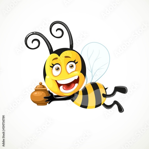 Cartoon bee flies with a clay pot isolated on a white background