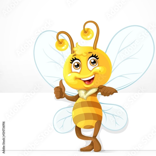 Cute bee with big white banner stand on a white background