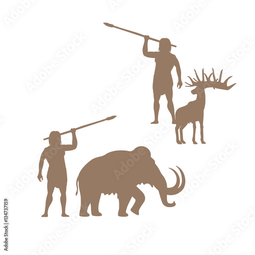 Silhouettes of ancient man and animals, mammoth and deer, isolated vector for logo design