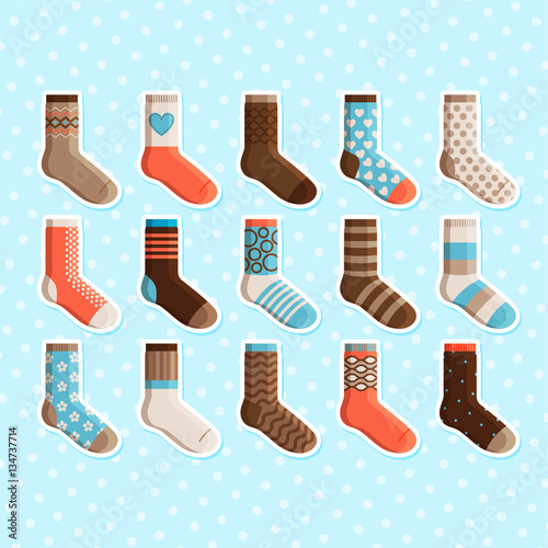 Colorful cartoon cute stylized kids socks stickers set. Vector illustration
