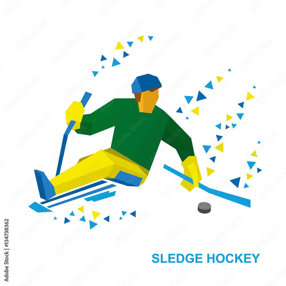 Winter sports sledge hockey. Disabled player with hockeysticks on