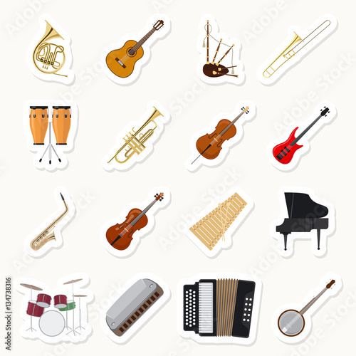 Musical instruments stickers set. Orchestra music band vector illustration