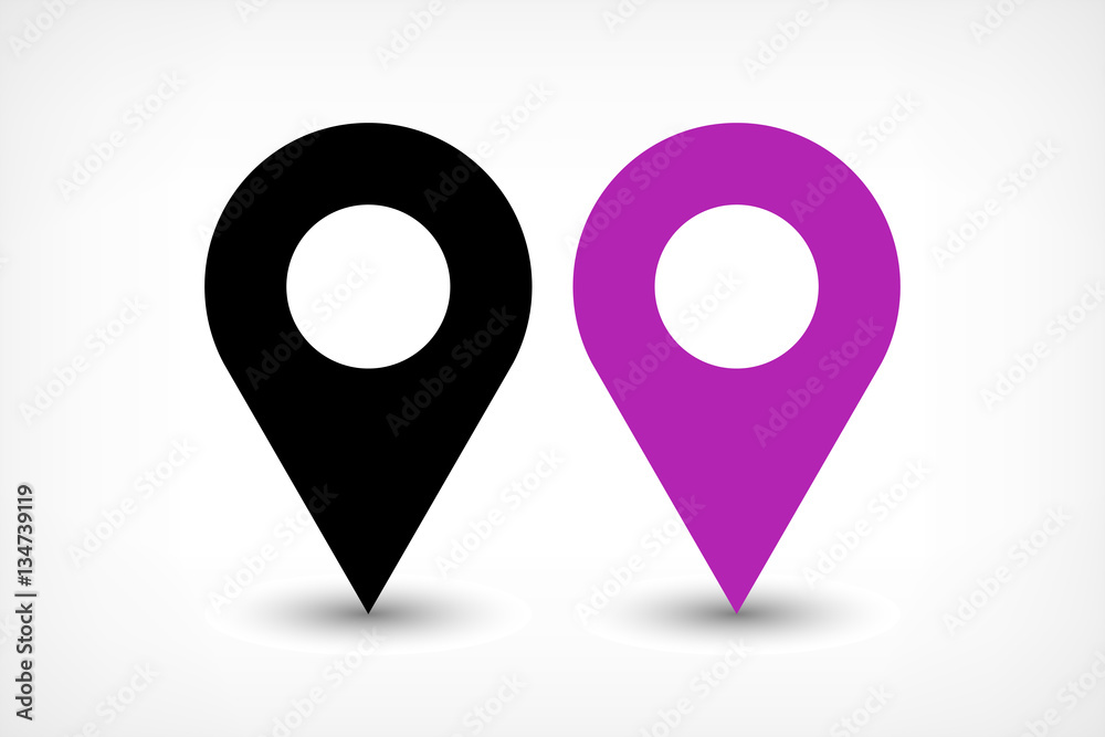 Purple map pins sign icon in flat style Purple map pins sign icon in flat style