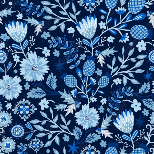 Vector seamless pattern of beautiful flowers in blue color palette 