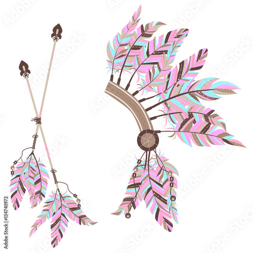 Headdress Indians and two arrows with feathers on a white background.