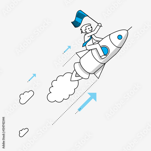 Businessman flying on rocket. Modern illustration in linear style infographics.