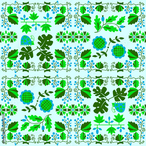 Floral seamless pattern with ladybird and vine. Geometrical background with flowers
