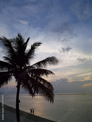 Coconut tree silhouette and 2 persons at the evening beach