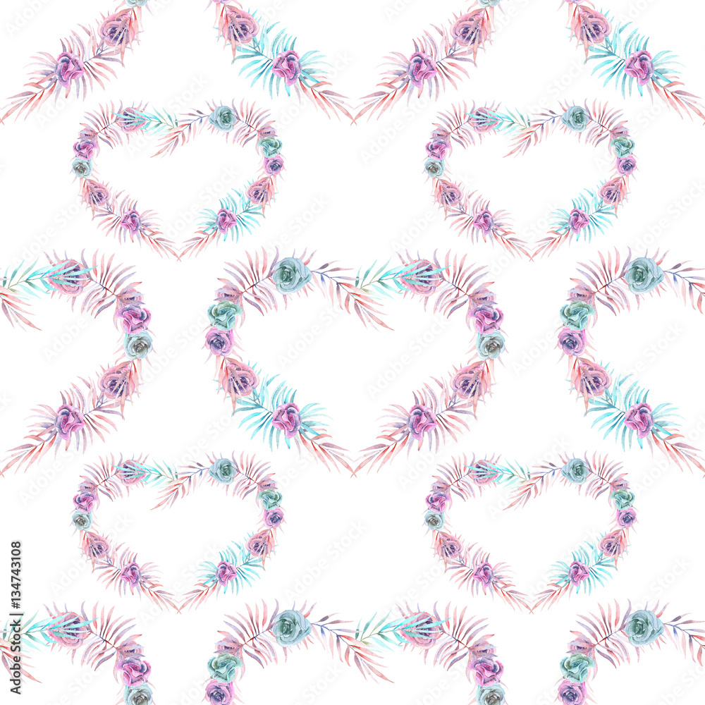 Seamless pattern with watercolor hearts of pink, mint and purple flowers, hand drawn on a white background