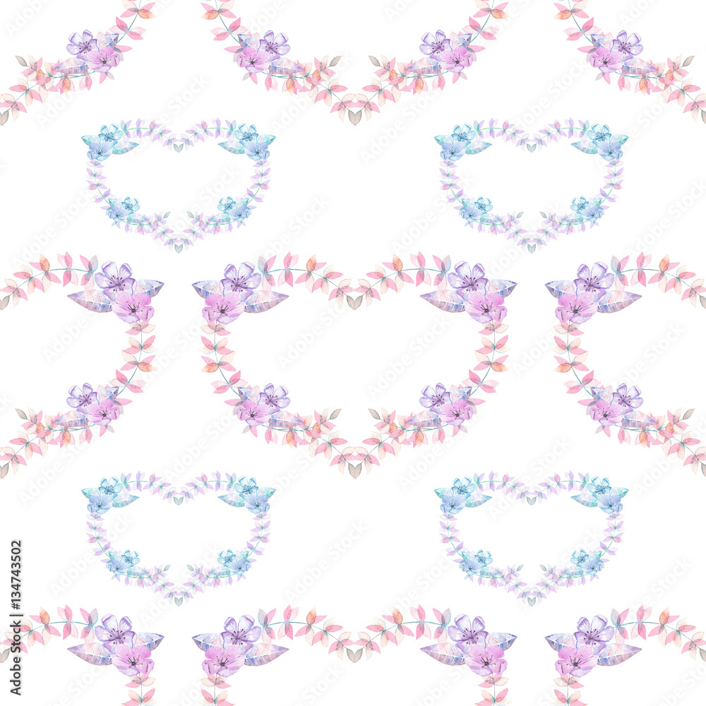 Seamless pattern with watercolor hearts of pink and purple flowers, hand drawn on a white background Seamless pattern with watercolor hearts of pink and purple flowers, hand drawn on a white background