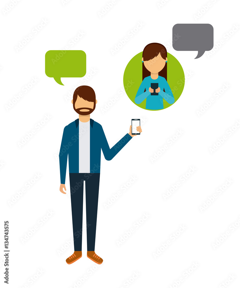 young man and woman using a smartphone over white background. colorful design. social media concept. vector illustration young man and woman using a smartphone over white background. colorful design. social media concept. vector illustration
