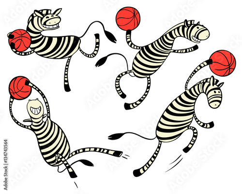 Basketball game set with doodle cute zebra player. Character with ball