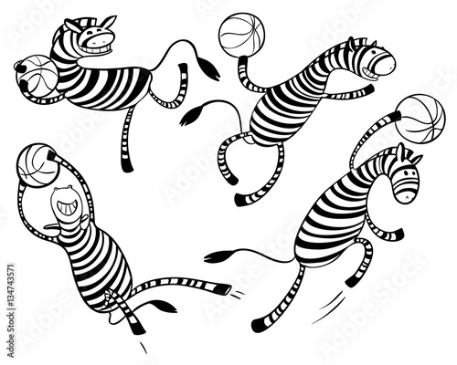 Basketball game set with doodle cute zebra player. Character wit ball