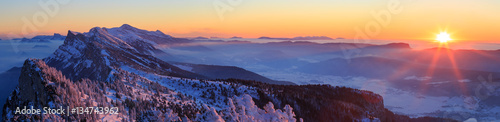 Fotografie, Obraz Snow covered mountainrange, Vercors, France, during a winter sunrise