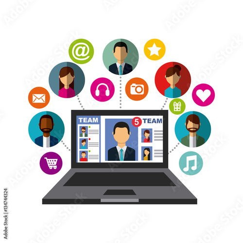laptop computer with social media profile on screen and icons around over white background. colorful design. vector illustration