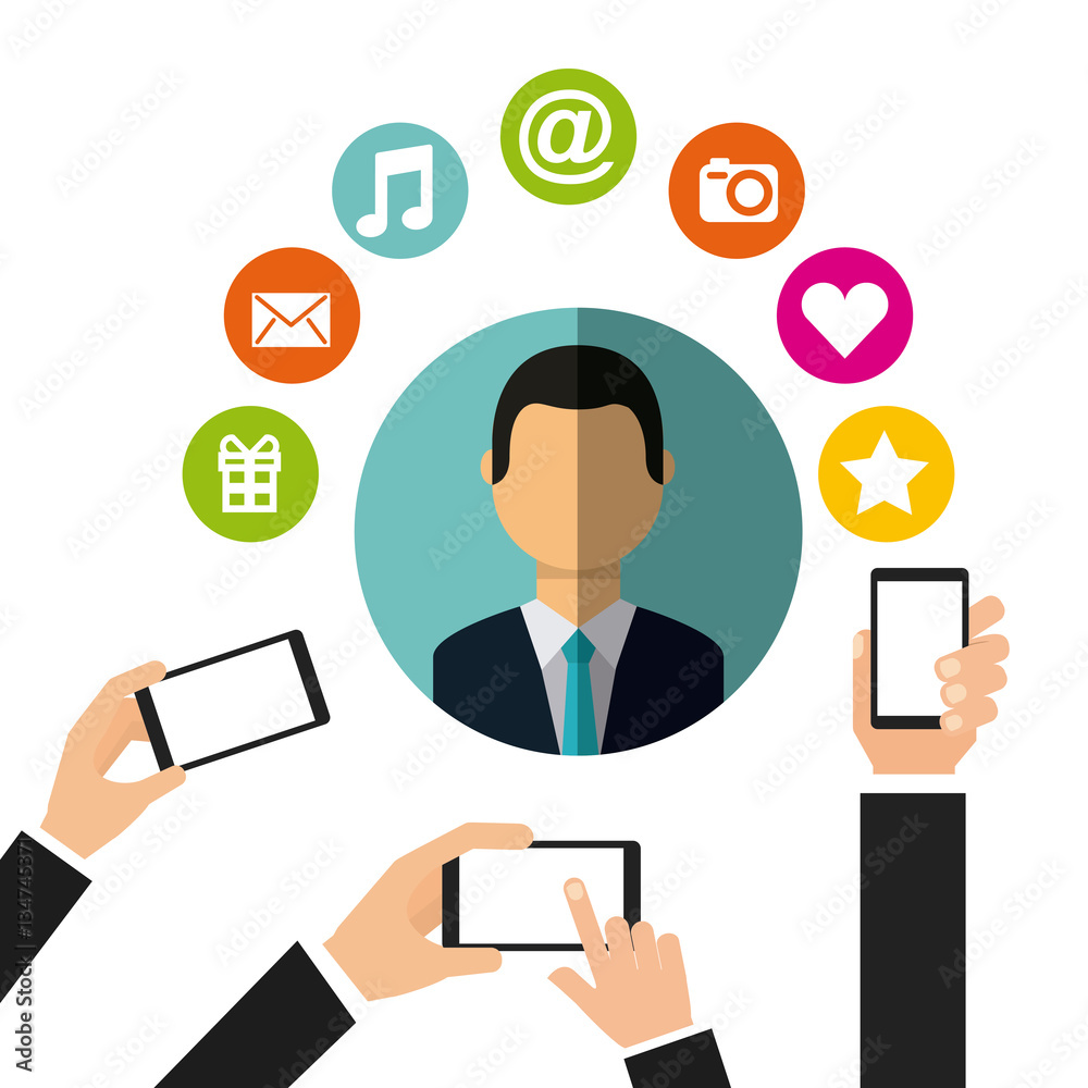 hands holding a smartphone and man avatar with social media icons around over white background. colorful design. vector illustration hands holding a smartphone and man avatar with social media icons around over white background. colorful design. vector illustration