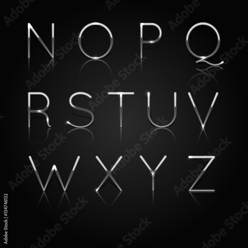 Silver alphabet. Set of silver letters isolated on black background. Vector Illustration