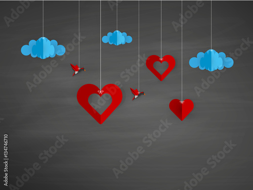 Vector Origami Hearts with drak Chalkboard. Valentine's Day Design,