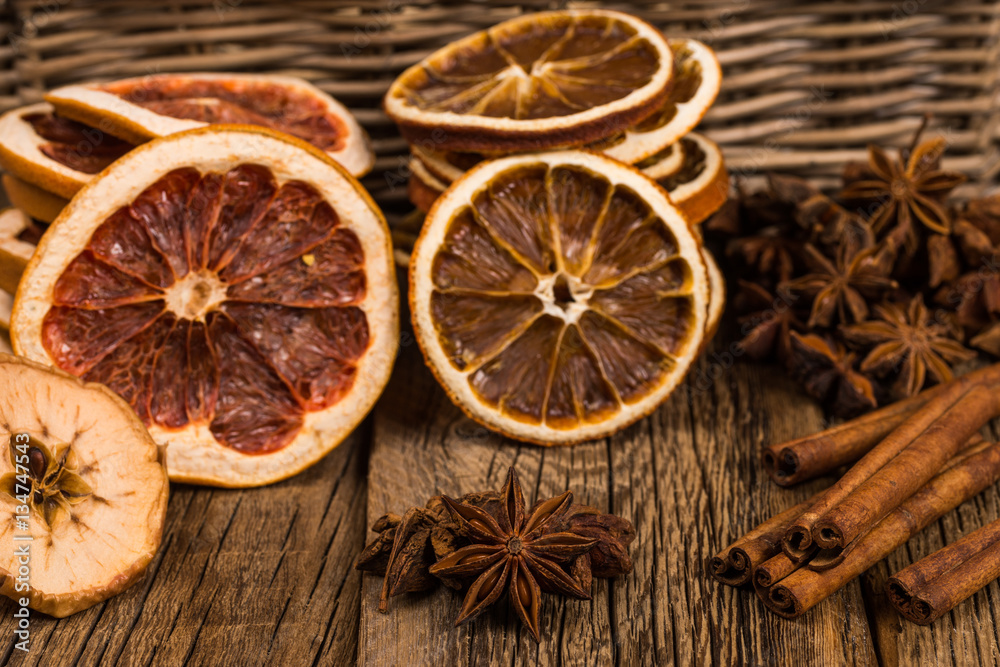 Star anise, cinnamon, apples, oranges and grapefruit on the old Star anise, cinnamon, apples, oranges and grapefruit on the old