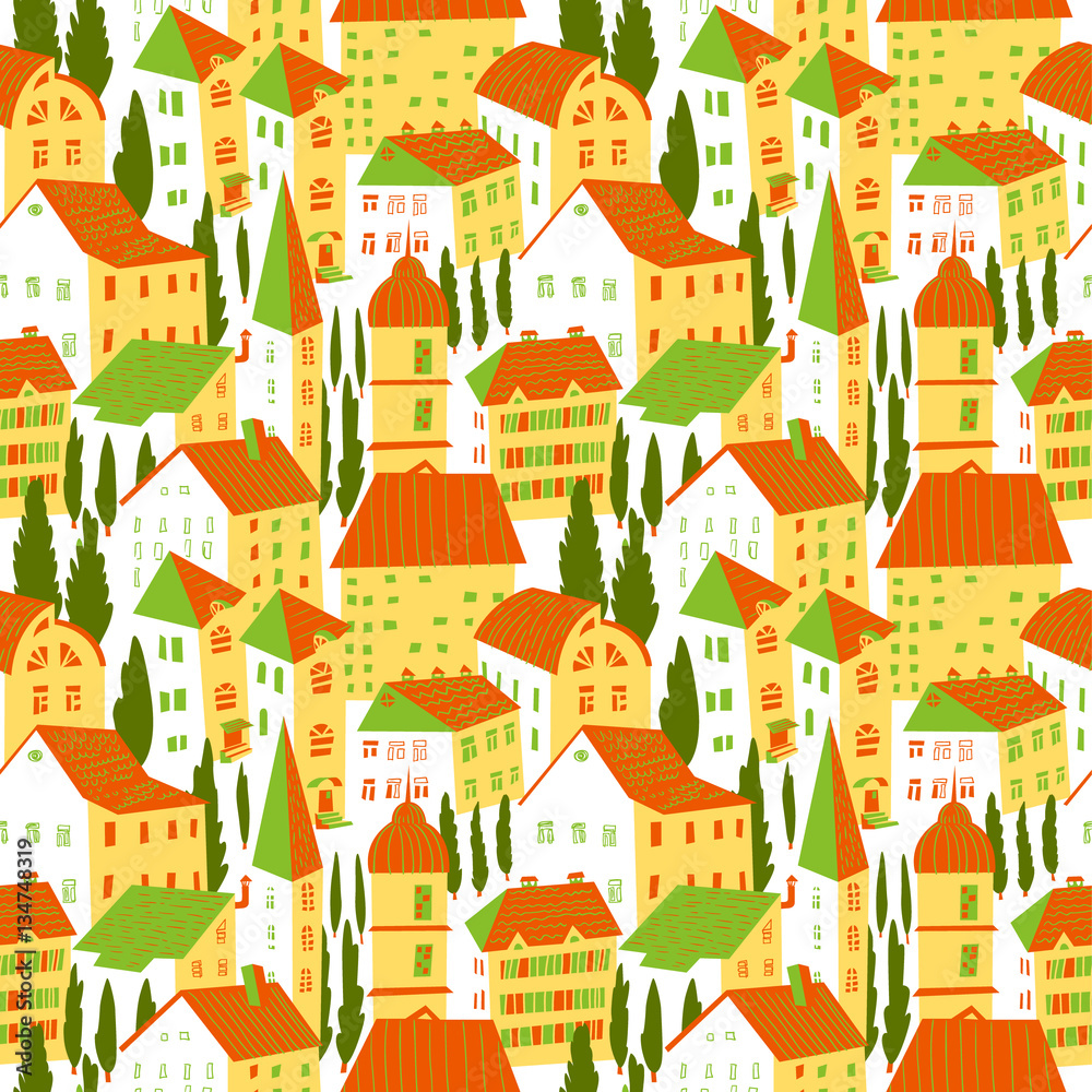 Seamless pattern with houses. Cute city vector illustration. Architecture background