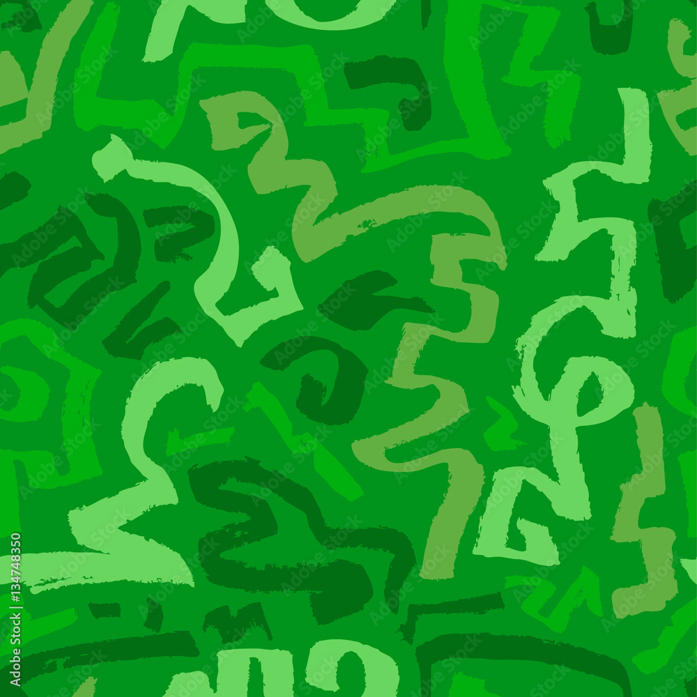  Abstract seamless pattern. Hand drawn artistic ink curves. Green colors design