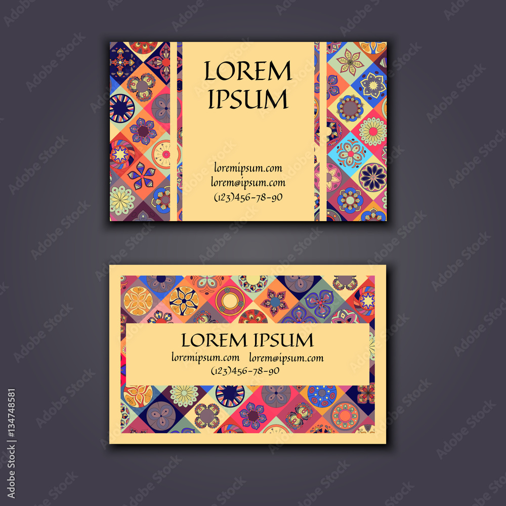 Vector Business card Design Template with Ornamental geometric mandala pattern. Vintage decorative elements. Hand drawn tile background.