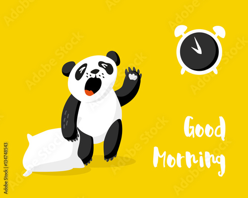 Fototapeta Naklejka Na Ścianę i Meble -  Cute panda with pillow wakes up. Good morning card with alarm clock and bear. Vector illustration.