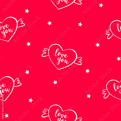 Seamless pattern with balloon heart with wings and stars. Cover for gift wrapping and textile. Vector