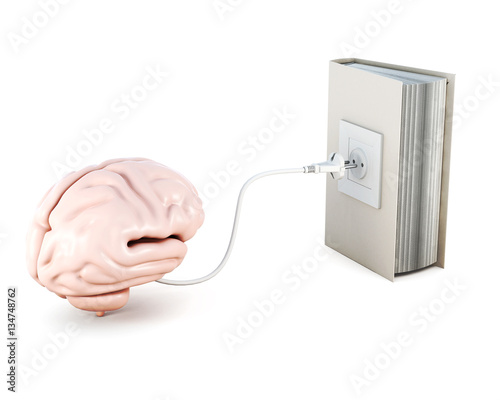 Human brain is recharged from the book. 3d rendering photo