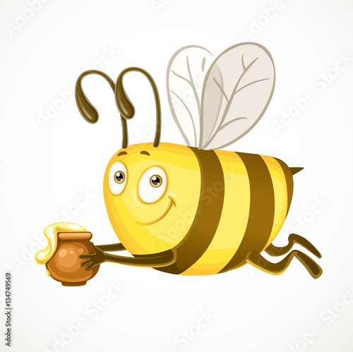 Fun cartoon bee flies with clay pot ful of honey isolated on a w