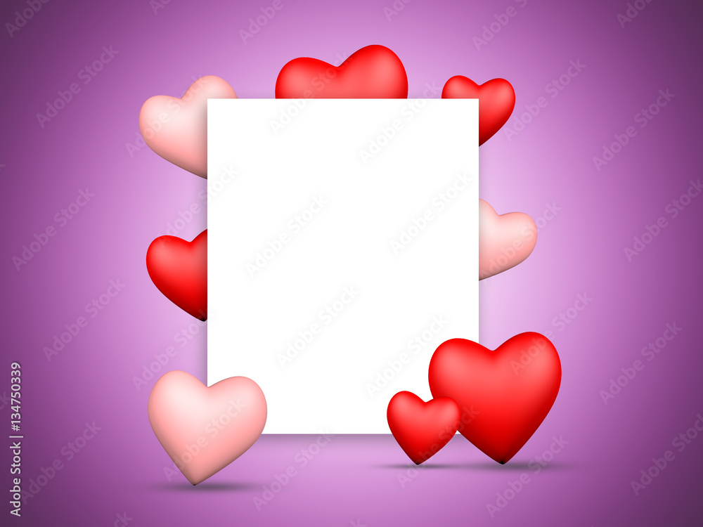 3d red and pink hearts with a box for text for brochure or card designs