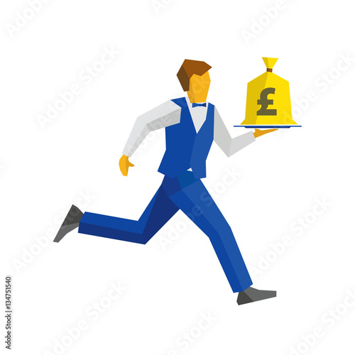 Waiter in blue vest and trousers runs with a money bag on a tray. UK Pound sign on a bagful. Business concept - easy money, cash in any time. Simple flat style vector clip art.