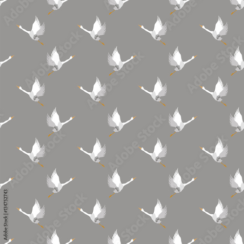 White Geese Seamless Pattern on Grey Background. Animal Bird Texture.