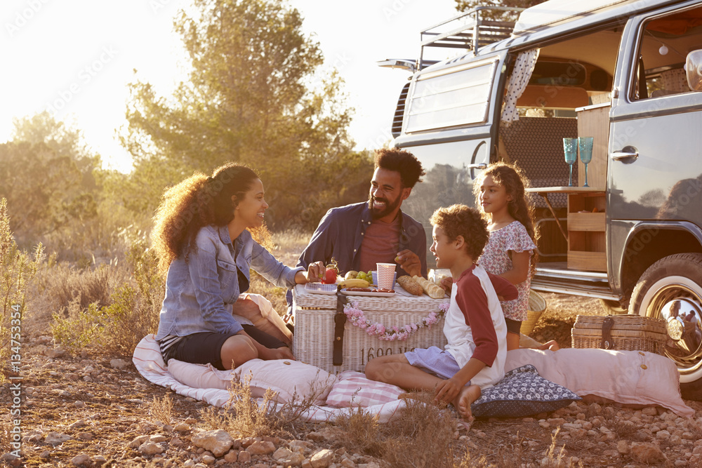 Family having a picnic beside their camper van, full length - obrazy, fototapety, plakaty 