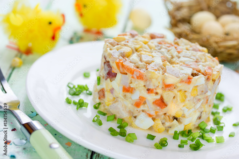 Easter salad with chicken, corn, egg and carrot Easter salad with chicken, corn, egg and carrot