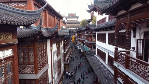Drone shot of a market in Shanghai, China, people