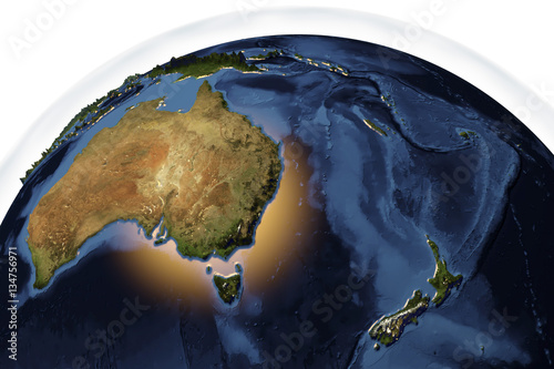 Planet Earth from space showing Australia and New Zealand with enhanced bump isolated on white background, 3D illustration, Elements of this image furnished by NASA