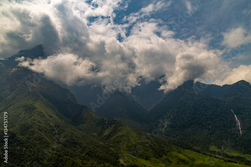 Green mountains covered in clouds in Vietnam