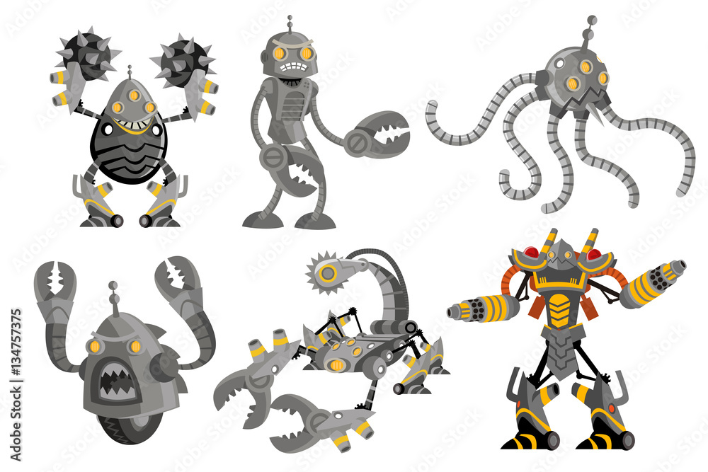 forsøg misundelse Plante six battle robots spikeball pincers clamps tentacles scorpion saw and  fireguard flamethrower drones Stock Vector | Adobe Stock