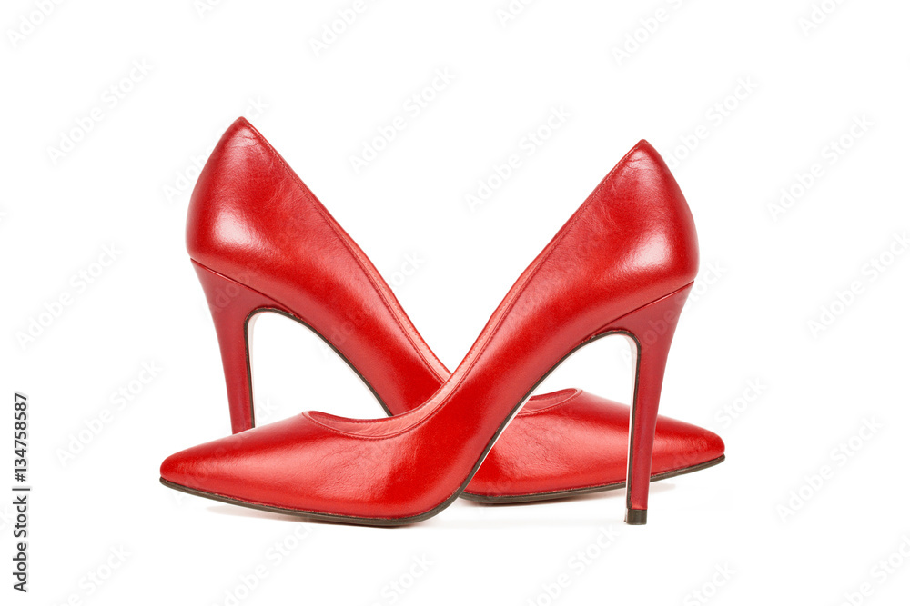 Noticias de última hora Explosivos libro de texto Zapatos rojos taco aguja de mujer sobre un fondo blanco aislado. Vista de  frente foto de Stock | Adobe Stock