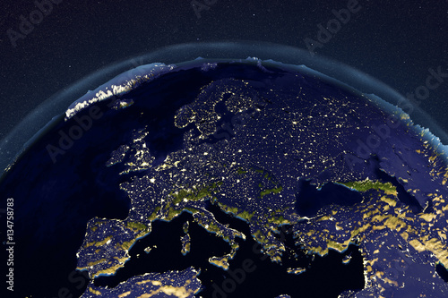 Planet Earth from space showing Europe in night with enhanced bump, 3D illustration, Elements of this image furnished by NASA