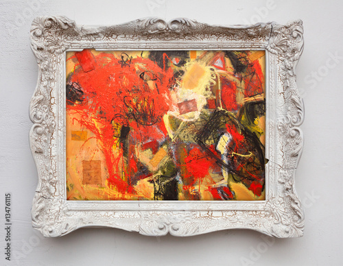 abstract art expressionism canvas in vintage antique white frame